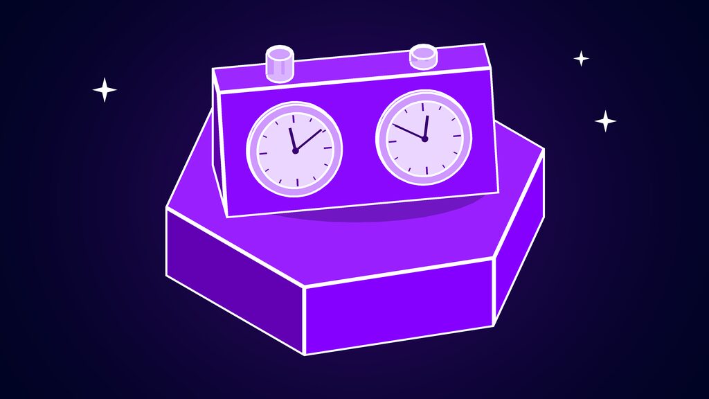 Game theory turn order shown as a chess clock with two dials and two buttons