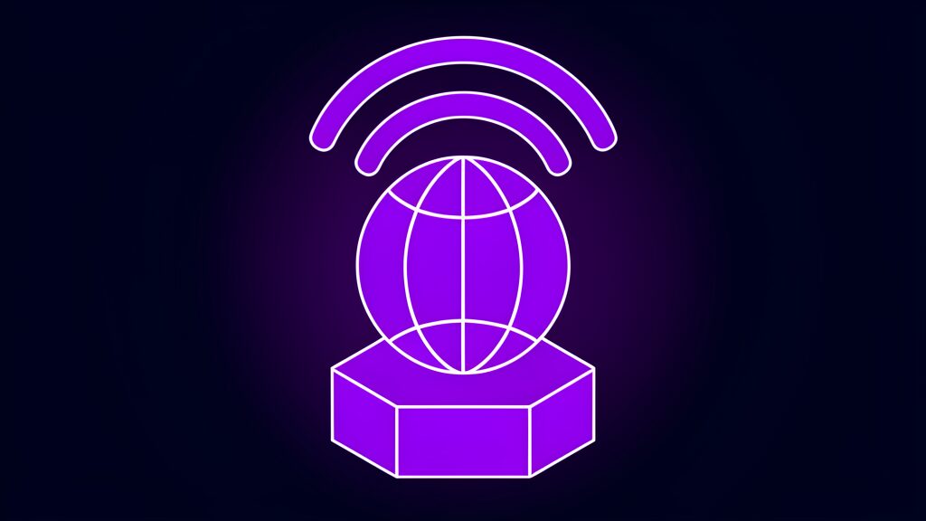 Violet globe with broadcast signal arcs on a dark navy background, metaphor for Google AI Search ads going global