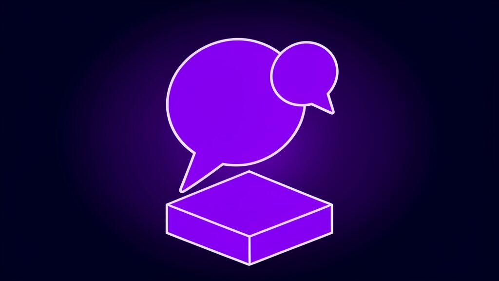 Violet stacked conversation bubbles, metaphor for multi-turn Google AI Search ads in conversational AI Mode