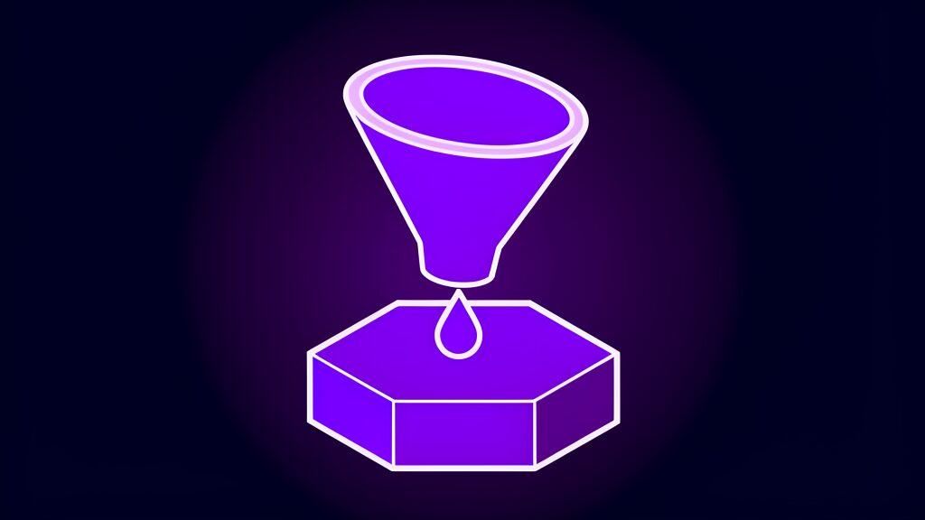 Violet funnel widening with a falling drop, metaphor for richer conversational queries flowing into Google AI Search ads