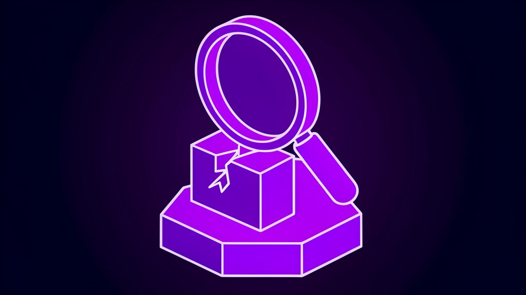 Violet magnifying glass over a cracked block, representing Gemini 4 Carbon finding vulnerabilities at their root cause