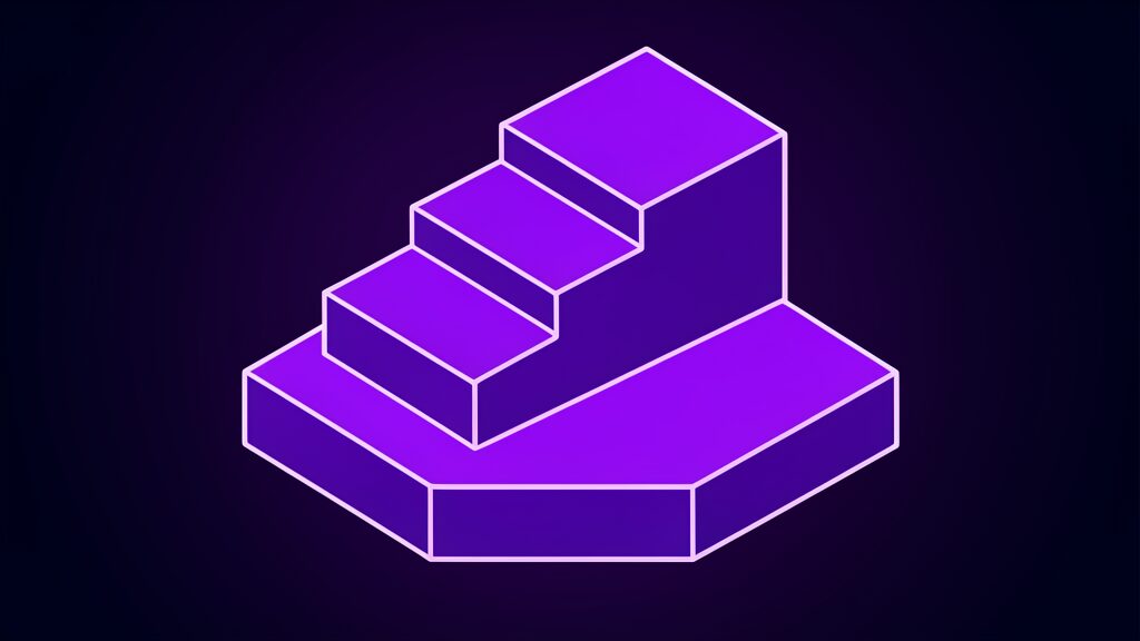 Violet ascending stepped slabs representing the Gemini 4 model family and the step up from Argon to Carbon