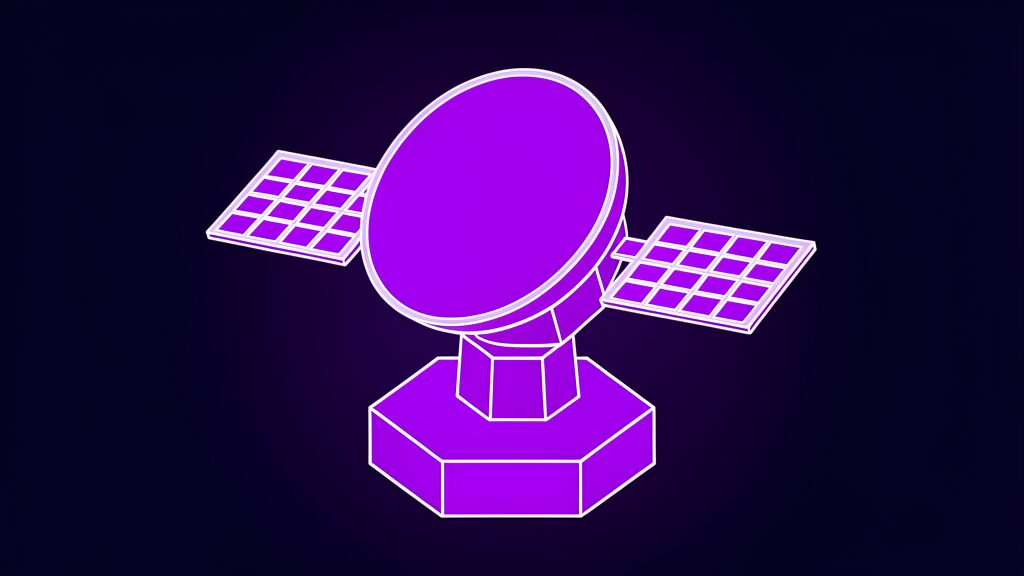 Google satellite AI server concept - violet isometric communications satellite beaming its first AI response to Earth