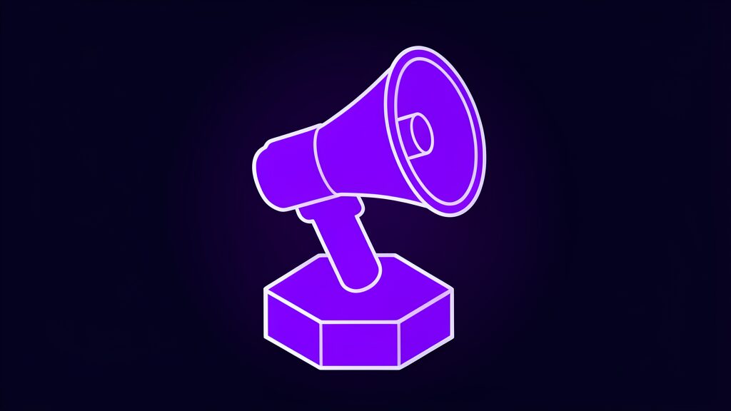A satellite AI server sends its first message to Earth - violet megaphone metaphor