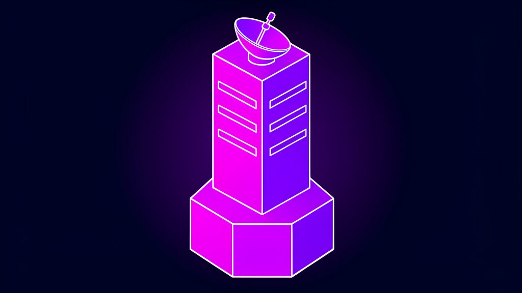 Satellite AI server rack with dish antenna - violet isometric illustration