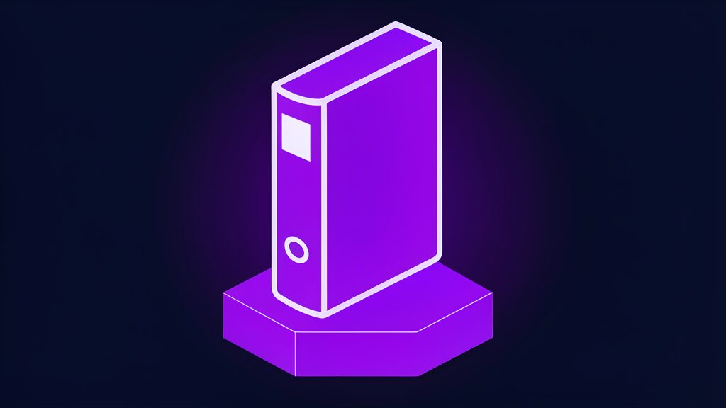 Infostealer malware dossier shown as a thick closed ring binder standing on a violet hexagonal plinth