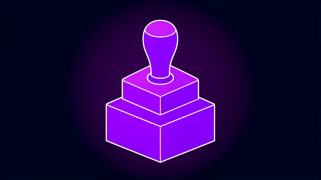Office rubber stamp on a square base standing for a builder that stamps out custom malware binaries