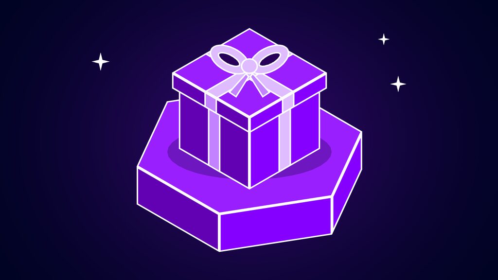 iOS 27.2 update shown as a violet gift box with a ribbon tied around it and a bow on the lid