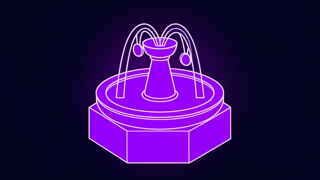 Violet fountain flowing coins into a basin, metaphor for Microsoft OpenAI revenue