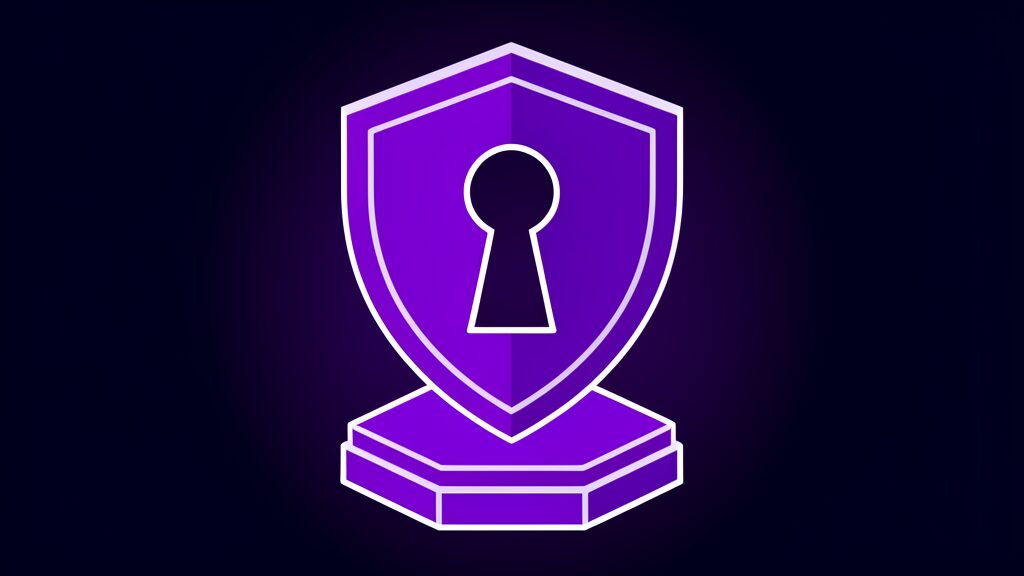 Violet shield with a keyhole cut through it representing defensive cybersecurity in Mistral Le Chonk