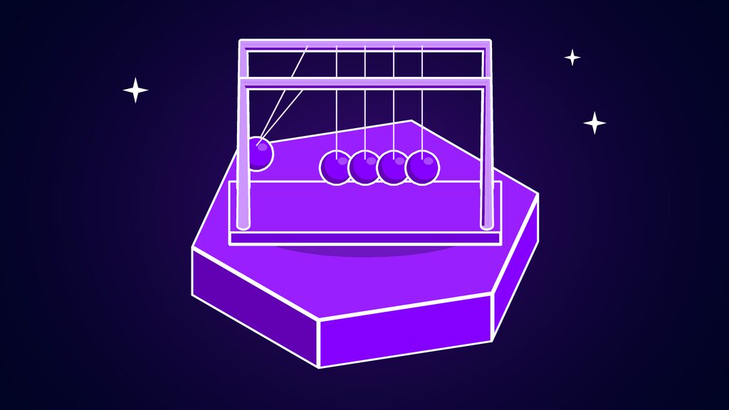 OpenAI discoveries in physics shown as a Newton's cradle with five balls and one swung out to the side