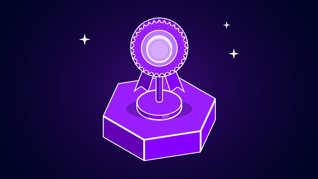 Award rosette with a pleated ring and two ribbon tails on a stand, standing for credit and recognition