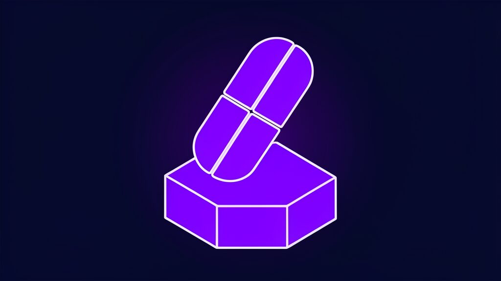 OpenAI lawsuit concept shown as a single violet capsule pill split cleanly into two halves