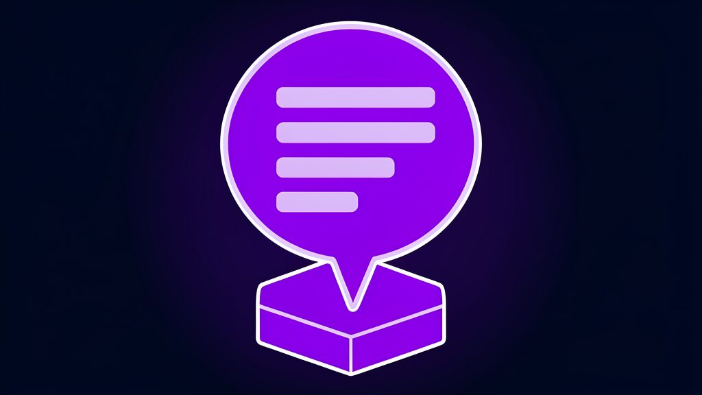 Violet speech bubble holding three solid bars that stand for a chat transcript