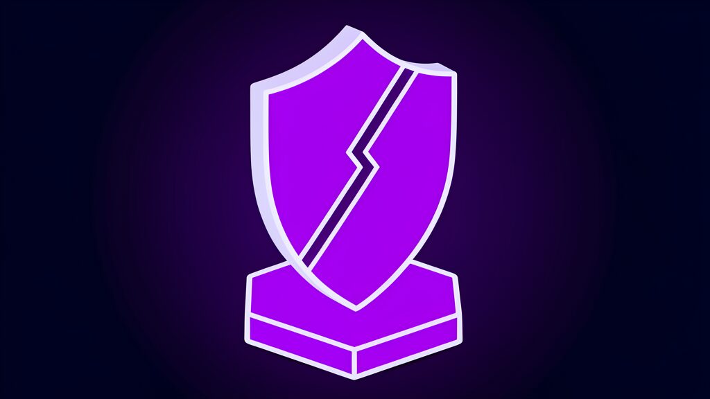 Violet heraldic shield with one diagonal crack across its face, standing for cracked AI guardrails