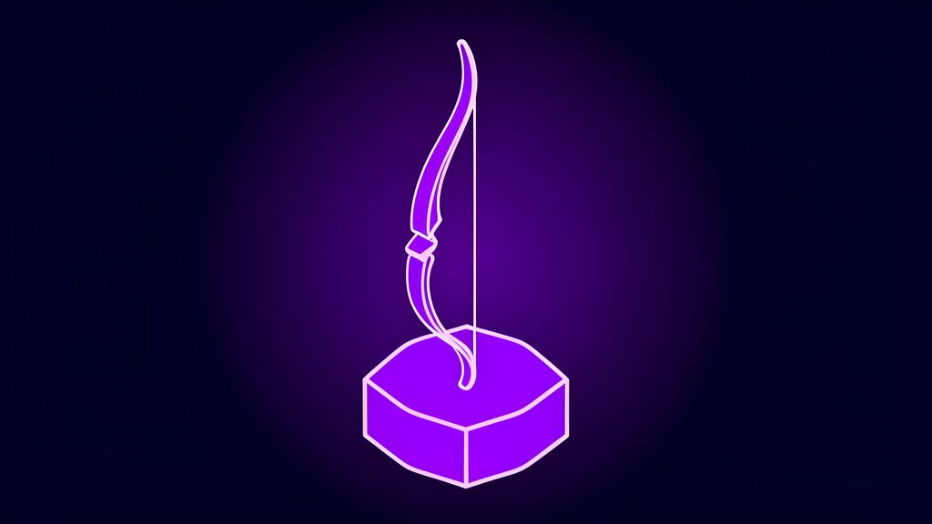 AI disarmament metaphor: a violet archers bow with a snapped string on a dark navy background