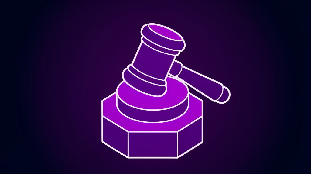 AI accountability: a violet gavel on its sounding block, AI disarmament oversight