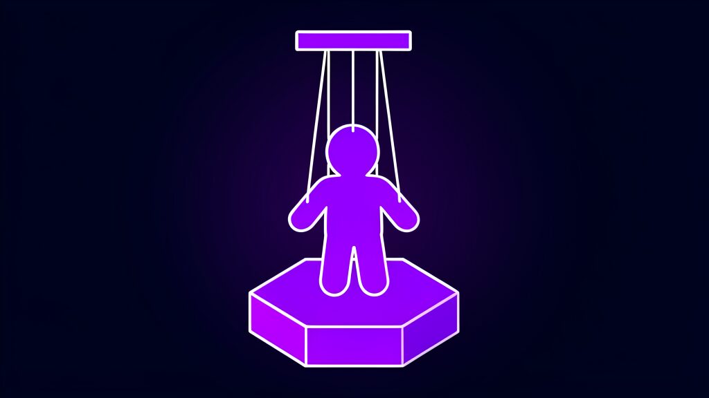 AI consciousness debate: a violet marionette hanging limp from its strings