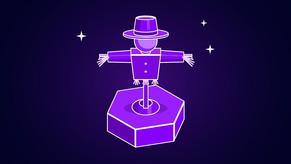 Reverse Turing test illustrated as a scarecrow on a wooden post with a hat, built to pass as human