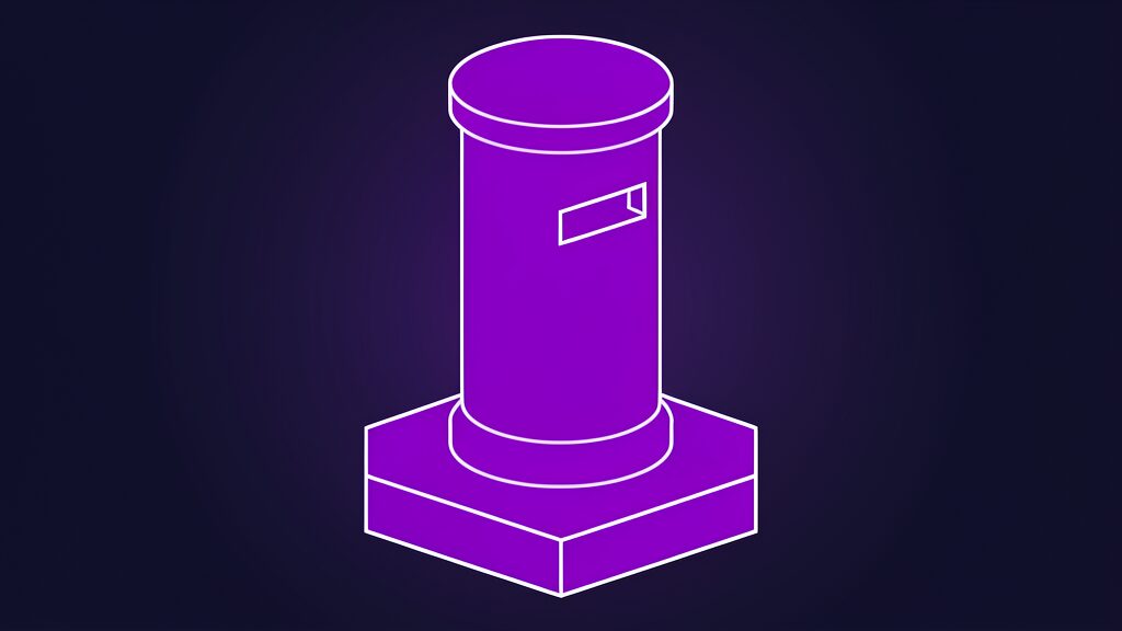 Rodin API shown as a round post box with a letter slot, a request submitted and collected later