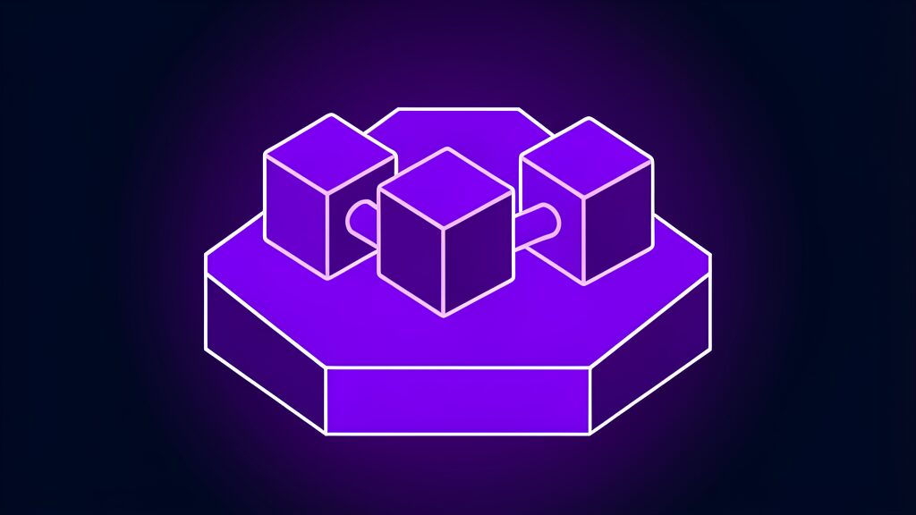 Three cubes joined by rods standing for the Rodin API submit, poll and download lifecycle