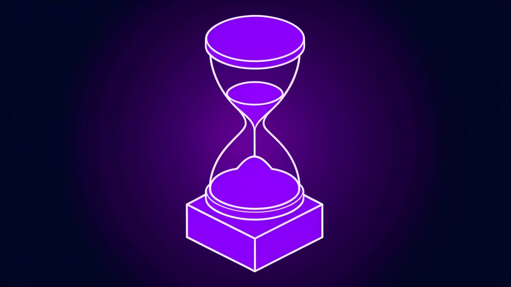 Violet tilted hourglass illustration for what changes slowly after scientists react to AI results