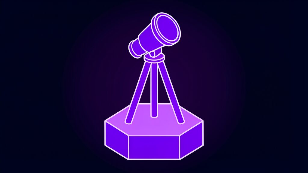 Violet telescope on a tripod illustration for the future facing researchers who study how scientists react to AI change