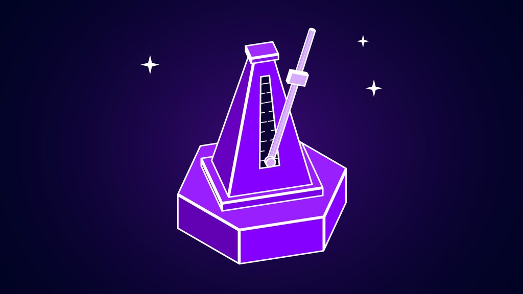 Pyramid metronome with its pendulum arm swung to one side, standing for model response time