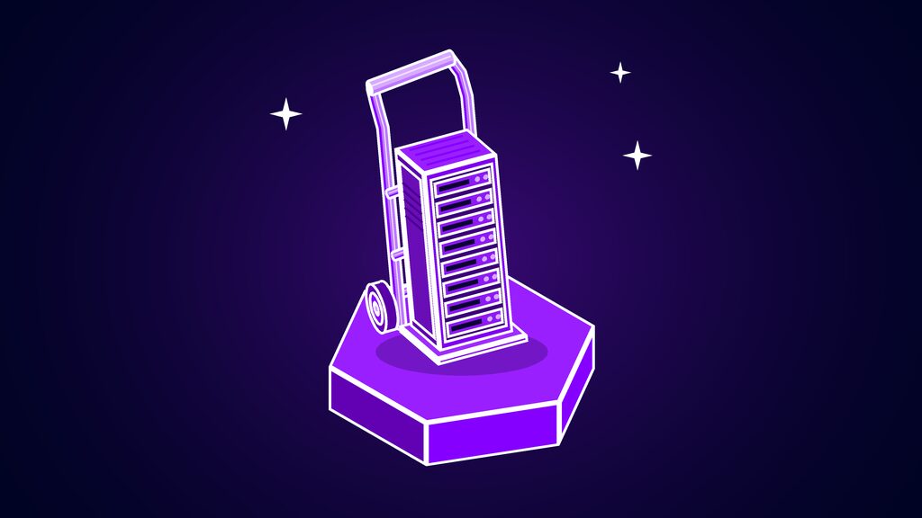 AI chip lease shown as a tall server rack cabinet tilted back on a two-wheel hand truck