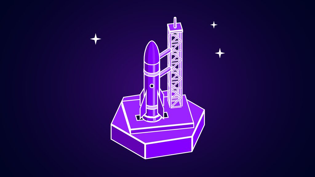 Rocket standing upright beside a lattice launch tower on a pad, standing for SpaceX launch revenue