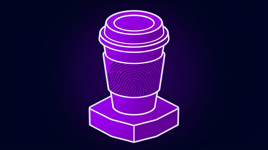 Starbucks AI menu concept: violet coffee cup with a fingerprint sleeve