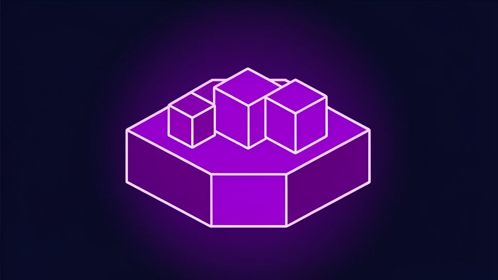 Violet row of three solid cubes of different sizes on one base plate, standing for the SERP API vendor comparison