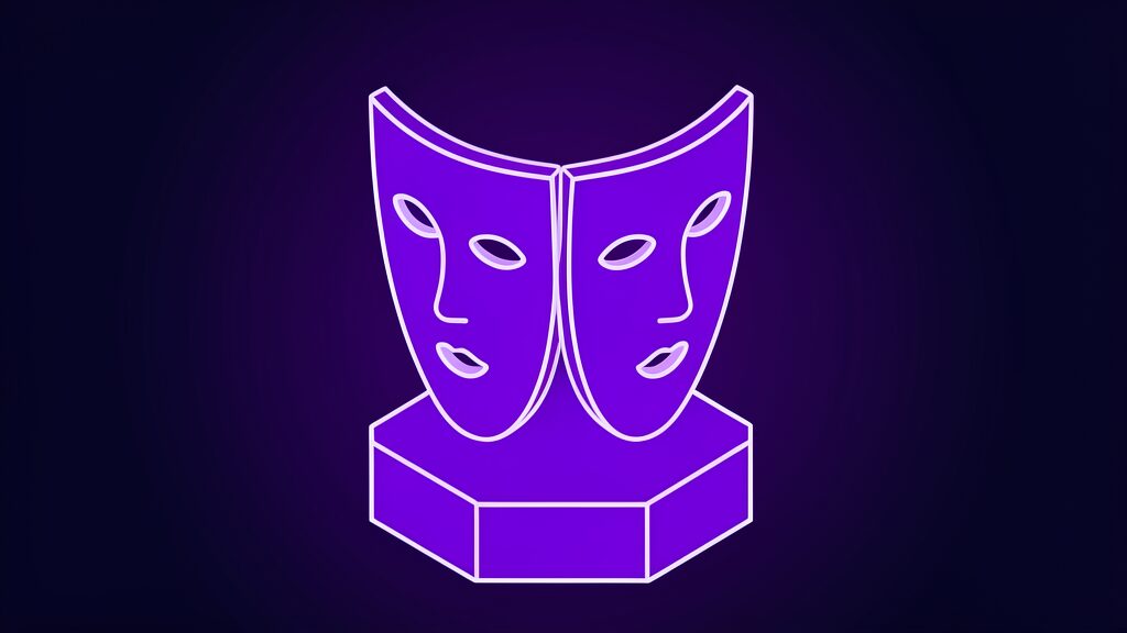 Two-faced mask illustration representing the Turing test question of whether AI can pass as human