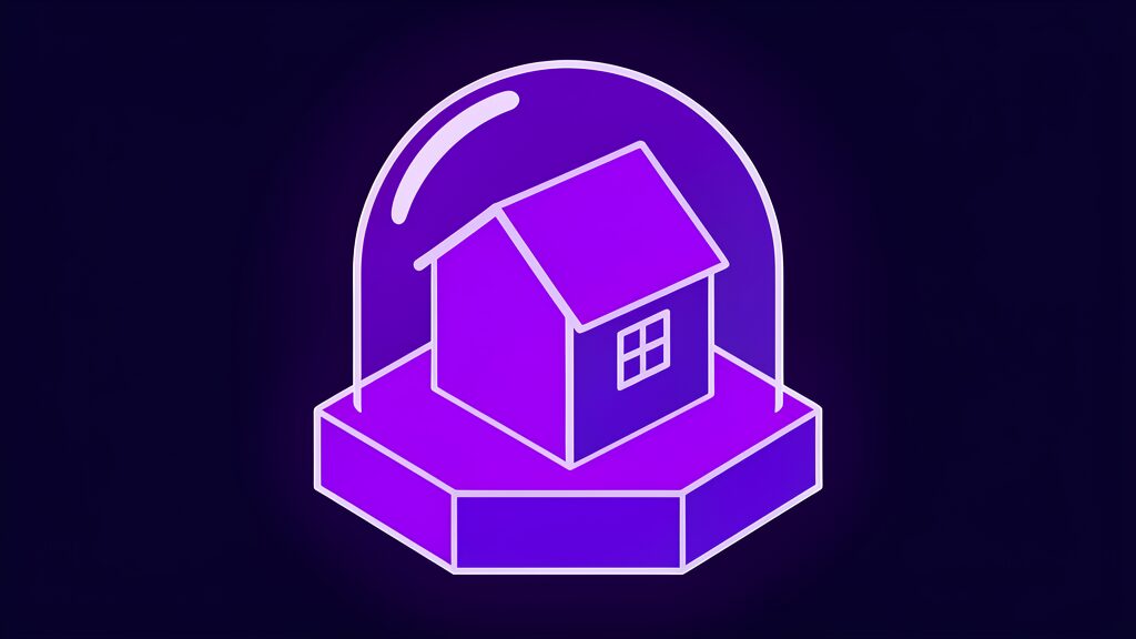 Small house sealed under a glass dome, illustrating xAI's buyout of homes from residents dropping data center noise claims