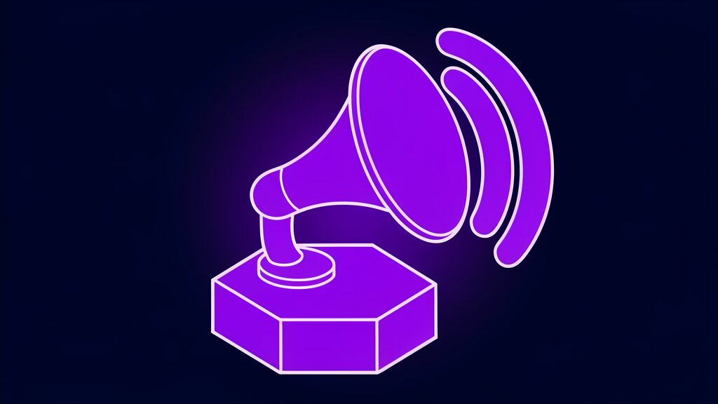 Violet horn emitting sound arcs, symbolising the constant turbine hum behind the data center noise lawsuit