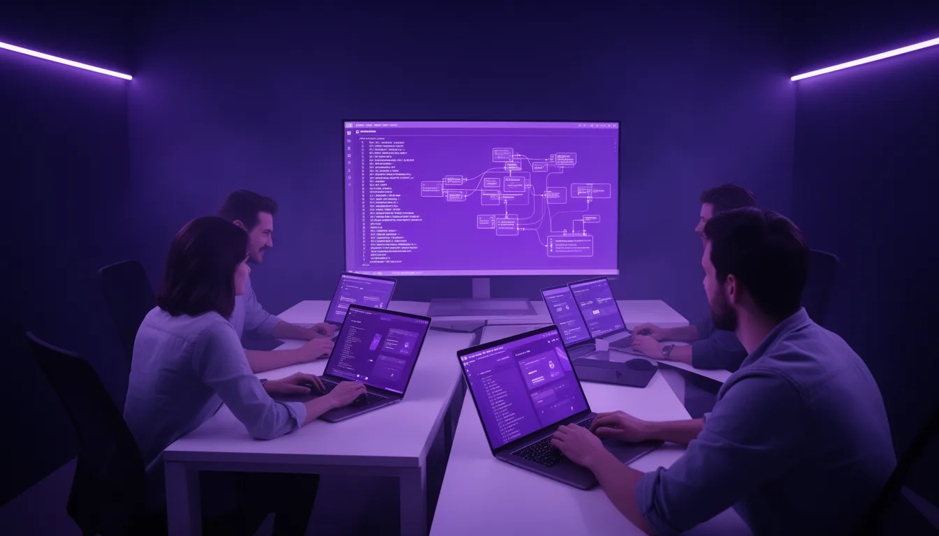 Software engineers planning cloud architecture and application code in a modern office