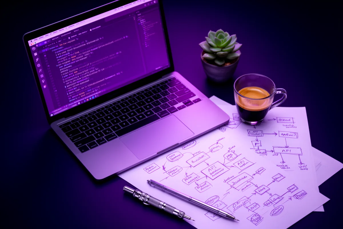 Laptop with code beside architecture sketches for API and workflow planning