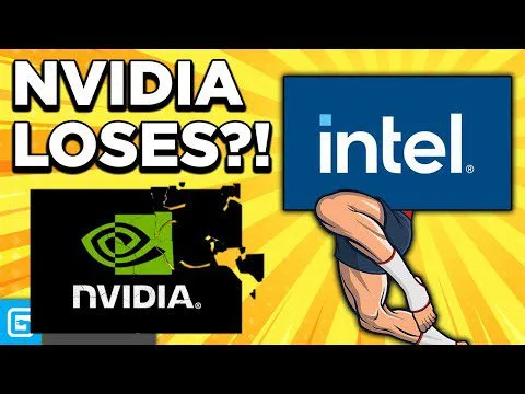 Progressive Robot thumbnail showing “NVIDIA LOSES?!” with a cracked Nvidia logo and an Intel logo with a muscular arm flexing.