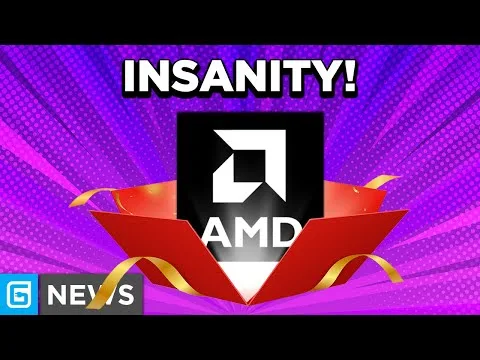 Progressive Robot, AMD logo popping out of a red gift box with “INSANITY!” above and a “G NEWS” label in the corner