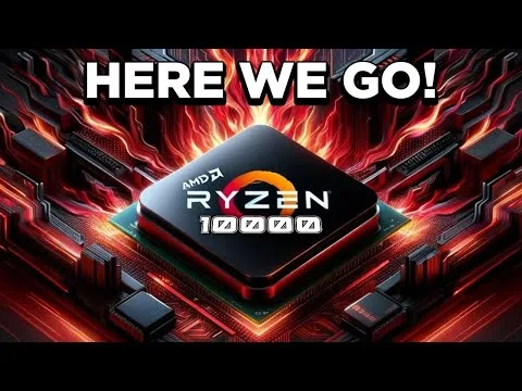 progressive Robot, AMD Ryzen 7000 chip on a motherboard with fiery graphics and the text "HERE WE GO!"