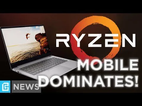 progressive Robot, laptop on the left with a cliff scene on screen, and text reading RYZEN MOBILE DOMINATES! on the right