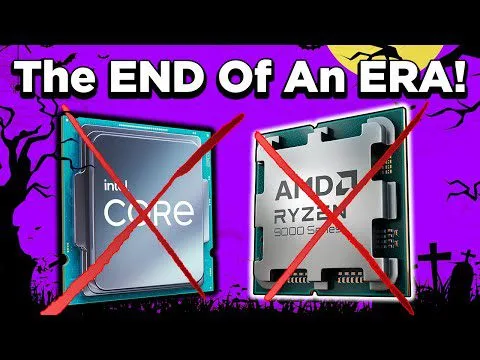 progressive Robot graphic saying The END OF An ERA! with crossed-out Intel Core and AMD Ryzen processor icons on purple background