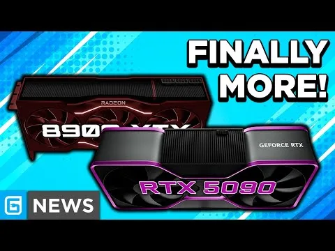 Progressive Robot, two graphics cards labeled Radeon 890 and GeForce RTX 5090 with text “FINALLY MORE!” and “NEWS”