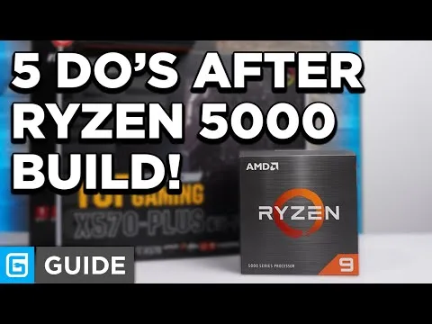 Progressive Robot graphic with text “5 DO’S AFTER RYZEN 5000 BUILD!” and an AMD Ryzen 9 processor box on a desk