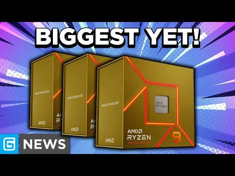progressive Robot, YouTube thumbnail showing AMD Ryzen 9 processor boxes with text BIGGEST YET! and G NEWS badge