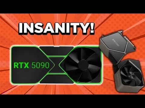 progressive Robot graphic showing RTX 5090 card with “INSANITY!” headline and two NVIDIA GPUs on orange background