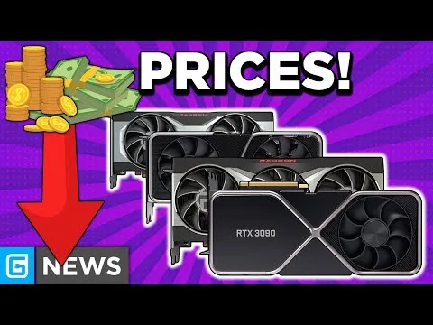 progressive Robot graphic of RTX 3080 GPUs with “PRICES!” text, money and coins, and a red downward arrow over “NEWS”