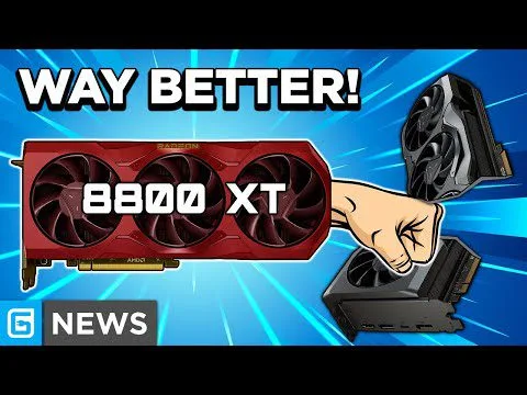 progressive Robot graphic comparing GPUs with text WAY BETTER! and 8800 XT, plus a hand holding two smaller graphics cards