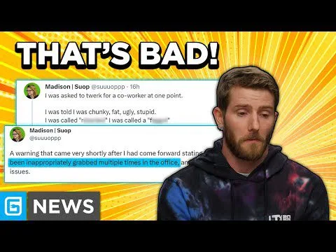 progressive Robot headline THAT’S BAD! above social media posts about workplace harassment, with a man in a hoodie on the right and G NEWS logo.