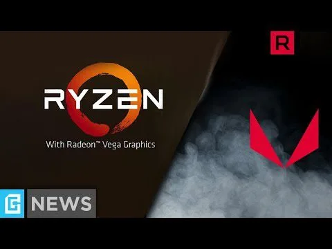 progressive Robot graphic showing AMD Ryzen logo with “With Radeon Vega Graphics,” plus Radeon red V symbol and G NEWS label